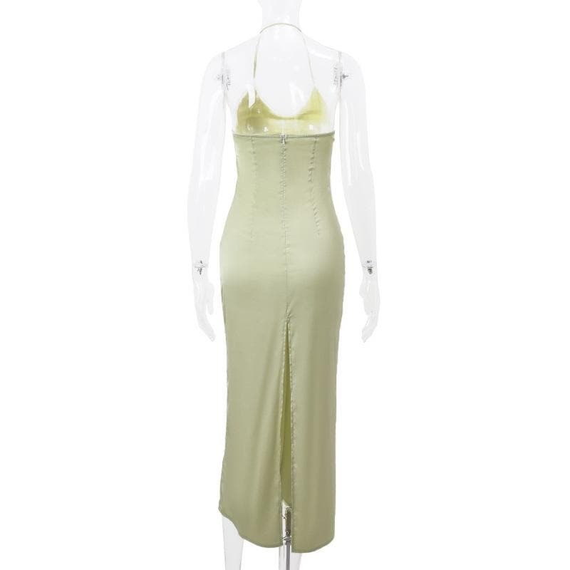 Halter Neck Applique Lace Trim Ruched Satin Column Maxi Dress
