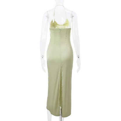 Halter Neck Applique Lace Trim Ruched Satin Column Maxi Dress