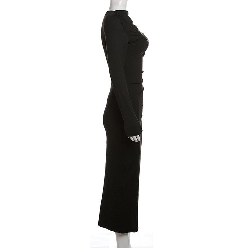 Boat Neck Ruched Gathered Long Sleeve Zip Maxi Dress