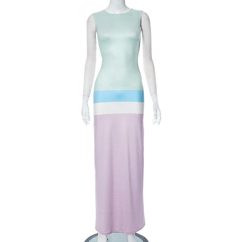 Crew Neck Contrast Panel Band Bodycon Maxi Dress