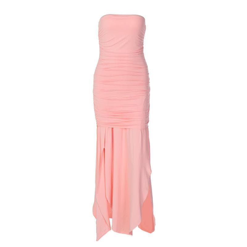 Strapless Ruched Bodice Layered High Slit Flowing Maxi Dress