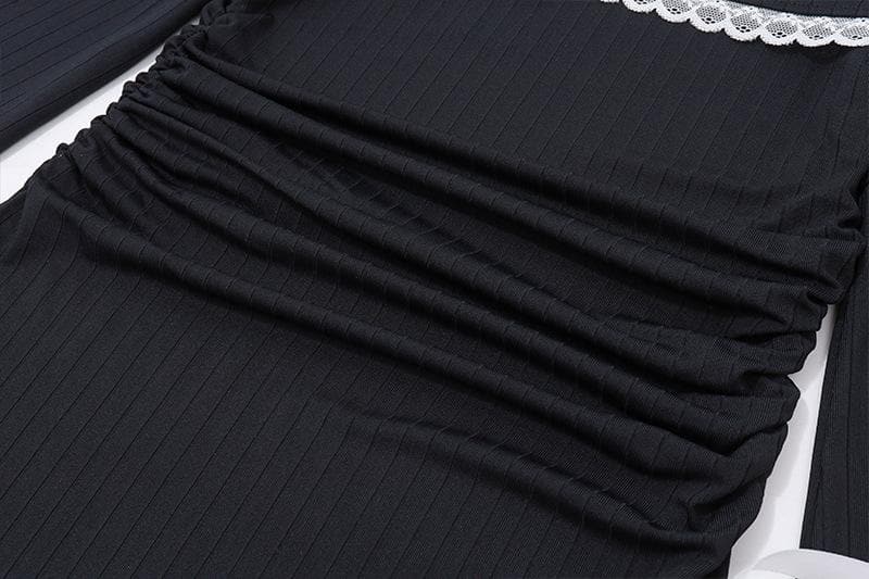 Off Shoulder Lace Trim Ribbon Bow Long Sleeve Ribbed Mini Dress