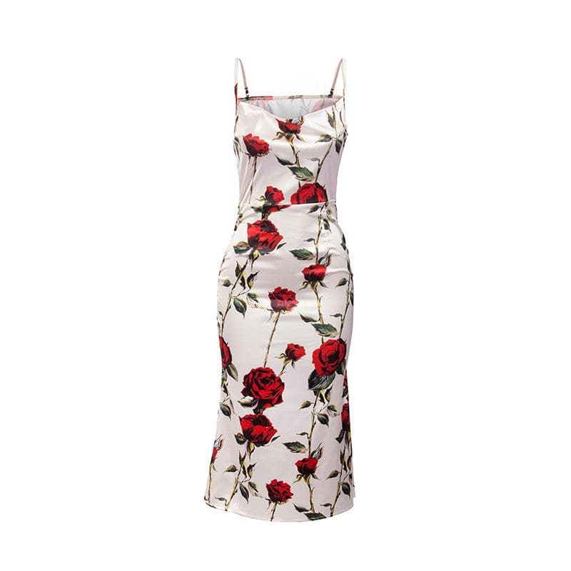 Floral Print Cowl Neck Spaghetti Strap Satin Midi Dress