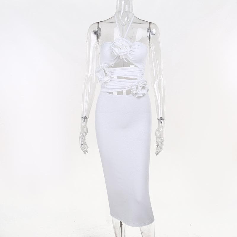 Halter 3D Floral Applique Diamond Cutout Side Ruching Flower Trim Maxi Dress