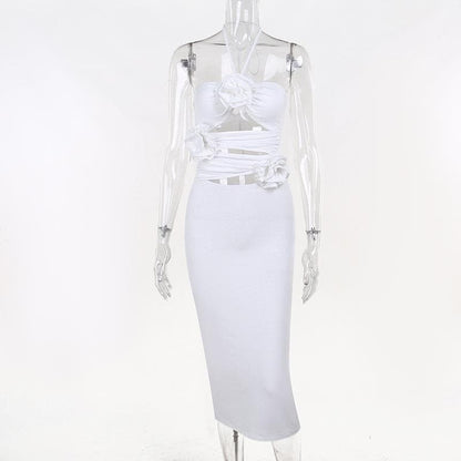 Halter 3D Floral Applique Diamond Cutout Side Ruching Flower Trim Maxi Dress