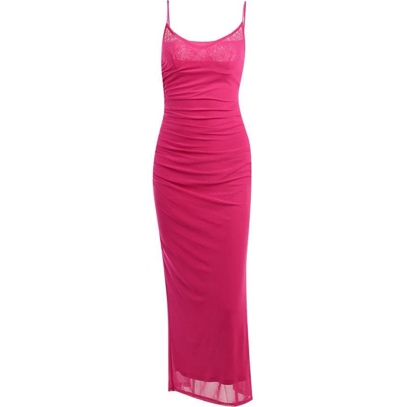 Scoop Neck Lace Trim Ruched Spaghetti Strap Midi Dress