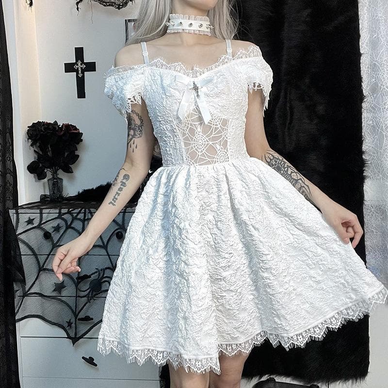 Hollow Out Off Shoulder Short Sleeve Crucifix Applique Bowknot Lace Hem Mini Dress