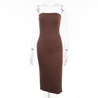 Strapless Rhinestone Studded Tube Side Slit Bodycon Midi Dress