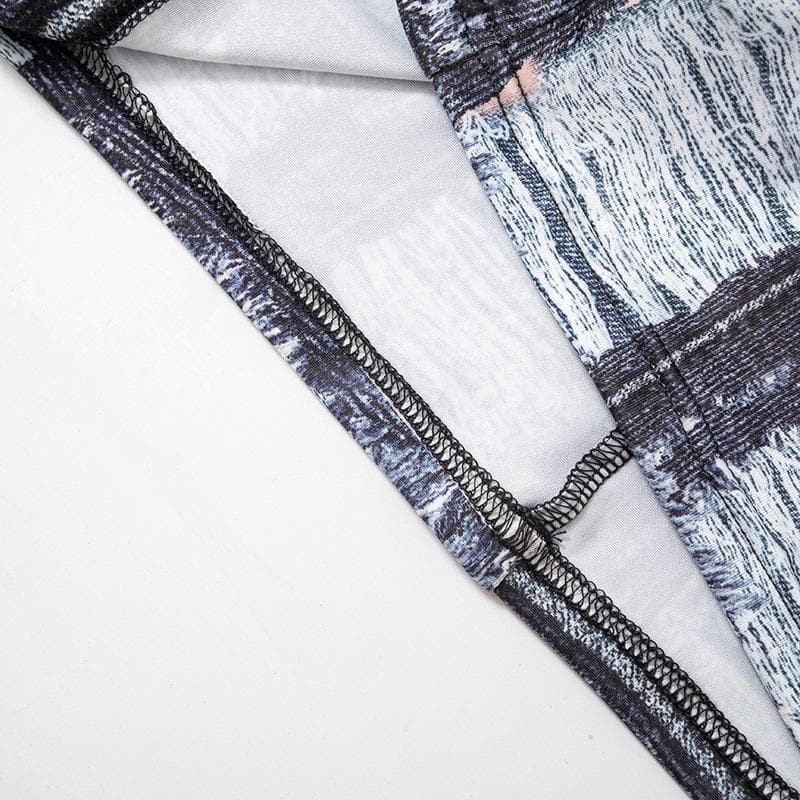 Distressed Denim Print V Neck Bodycon Mini Dress