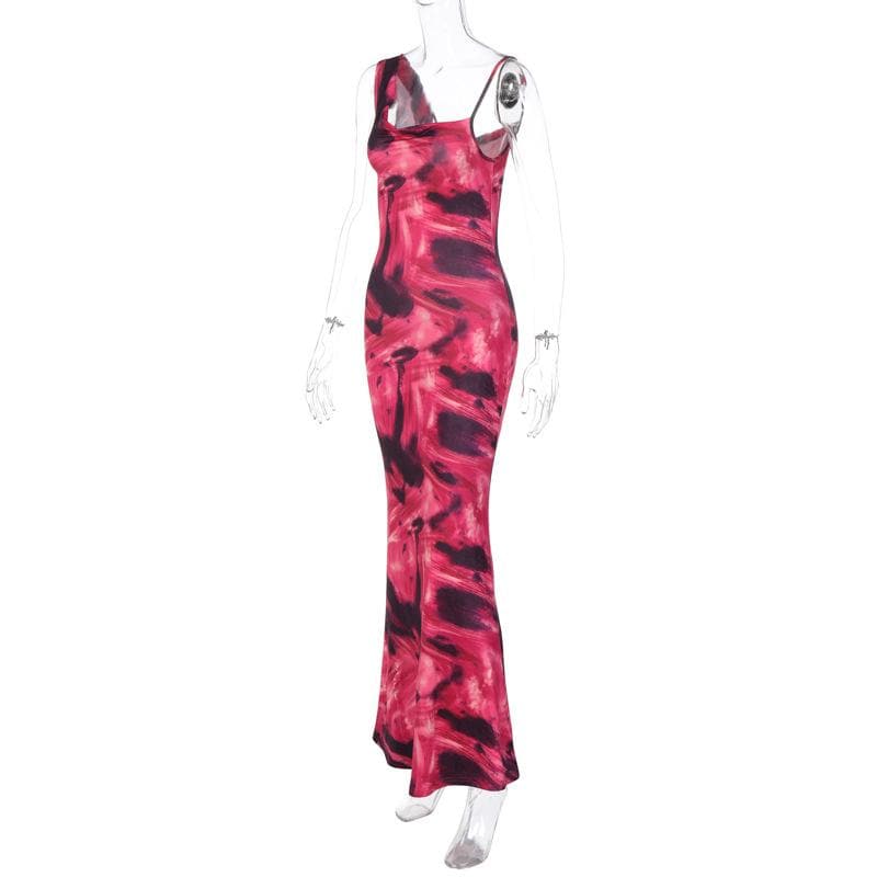 Asymmetrical Strap Abstract Marble Print Ruched Mermaid Maxi Dress