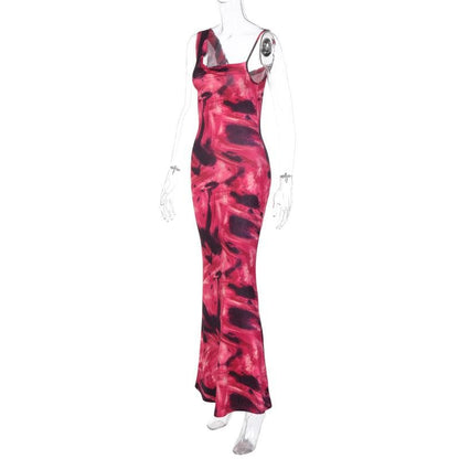 Asymmetrical Strap Abstract Marble Print Ruched Mermaid Maxi Dress