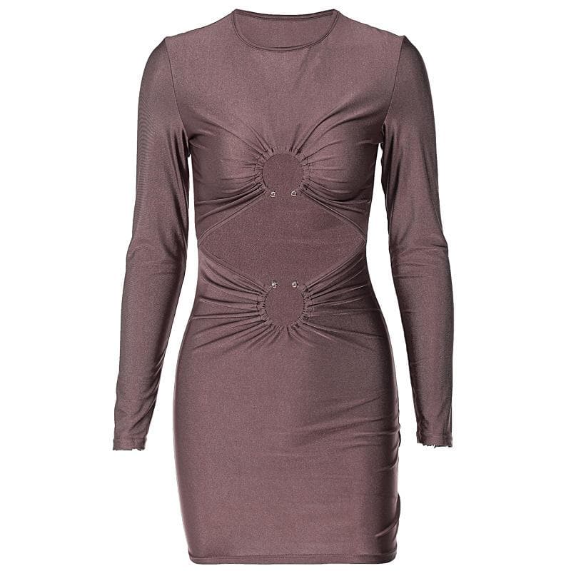 O-Ring Double Cutout Crew Neck Long Sleeve Ruched Bodycon Mini Dress