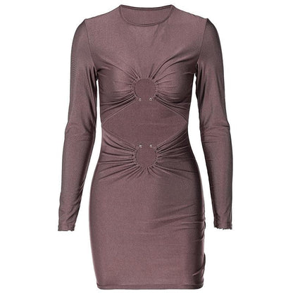 O-Ring Double Cutout Crew Neck Long Sleeve Ruched Bodycon Mini Dress