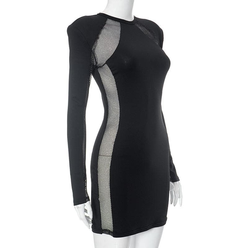 Mesh Patchwork Padded Shoulder Long Sleeve Bodycon Mini Dress