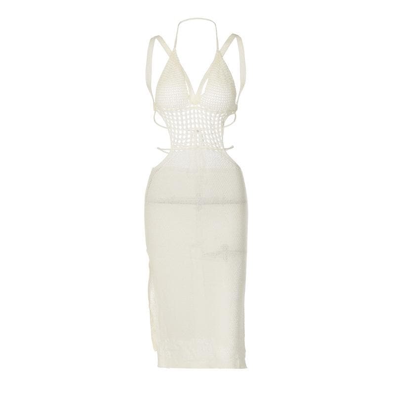 Halter V Neck Side Cutout Backless Self Tie Midi Dress