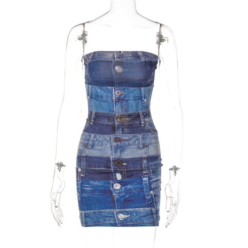 Strapless Denim Waistband Patchwork Bodycon Mini Dress