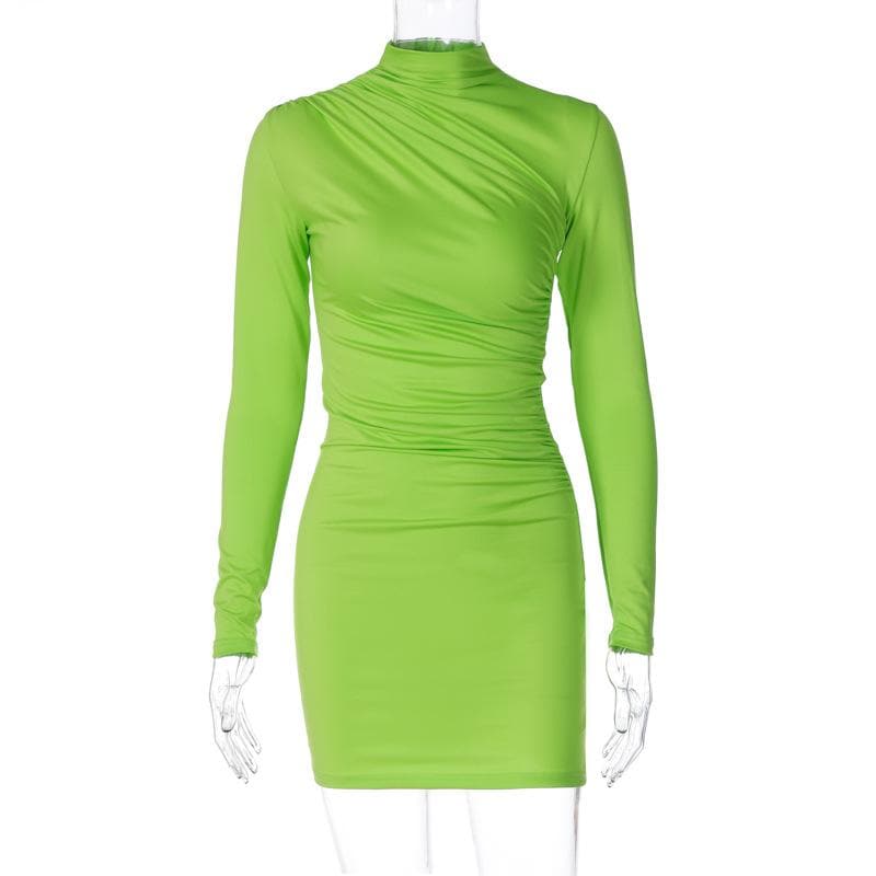 Mock Neck Diagonal Ruched Long Sleeve Bodycon Mini Dress