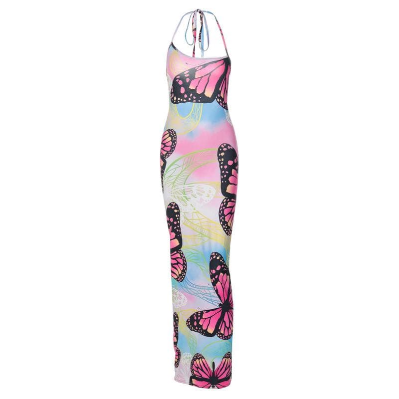 Butterfly Print Ruched Backless Halter Contrast Maxi Dress