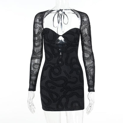 Snake Print Corset Lace Up Chest Cutout Mesh Sleeve Mini Dress