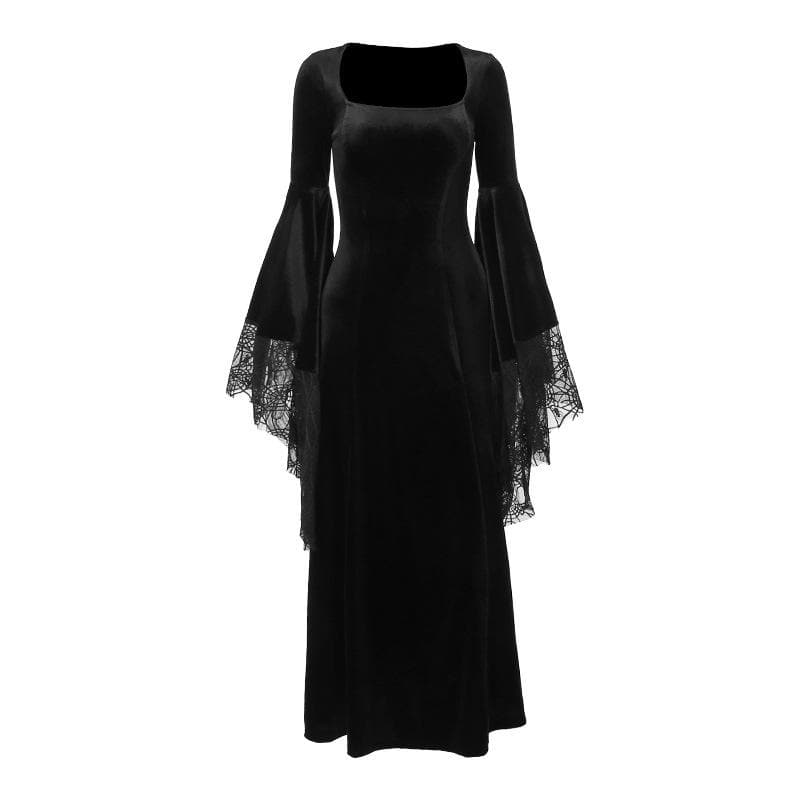 Velvet Square Neck Bell Sleeve Spiderweb Lace Panel Maxi Gown