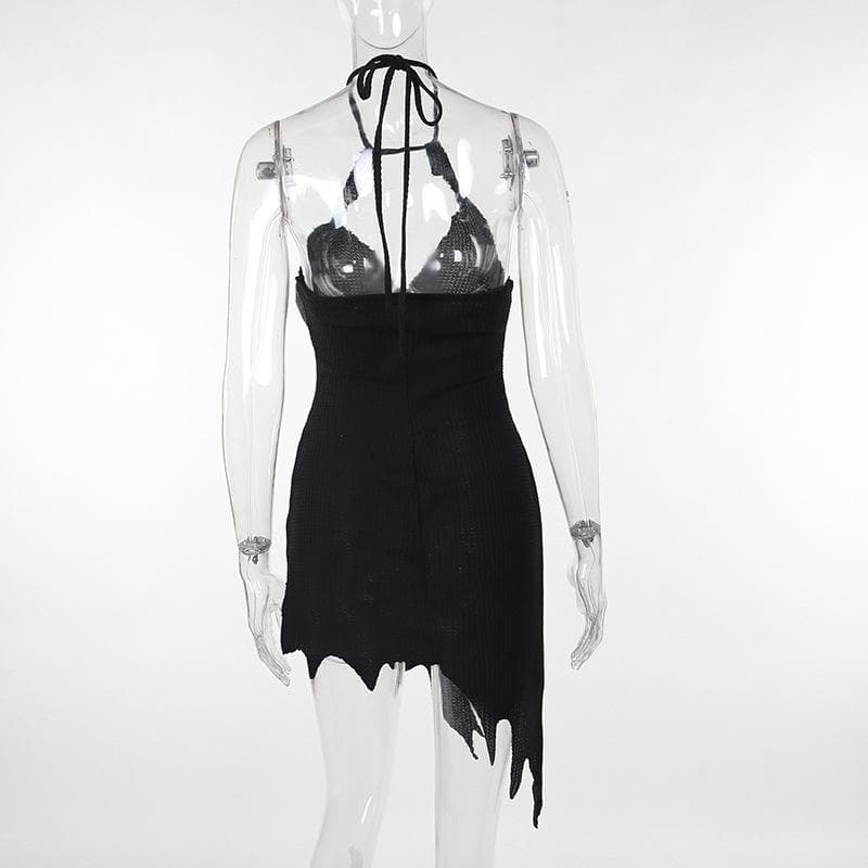 Halter Sweetheart Croc Embossed Corset Panel Shredded Hem Mini Dress