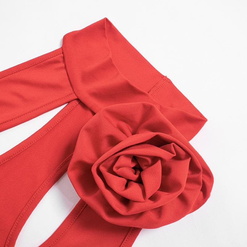 Halter Keyhole Neck Rosette Applique Cascading Ruffle Side Mini Dress