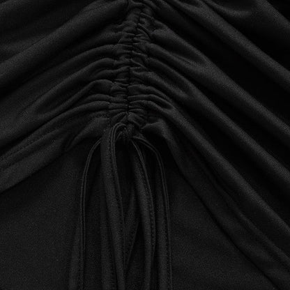 One Shoulder Long Sleeve Asymmetric Cutout Ruched Drawstring Mini Dress