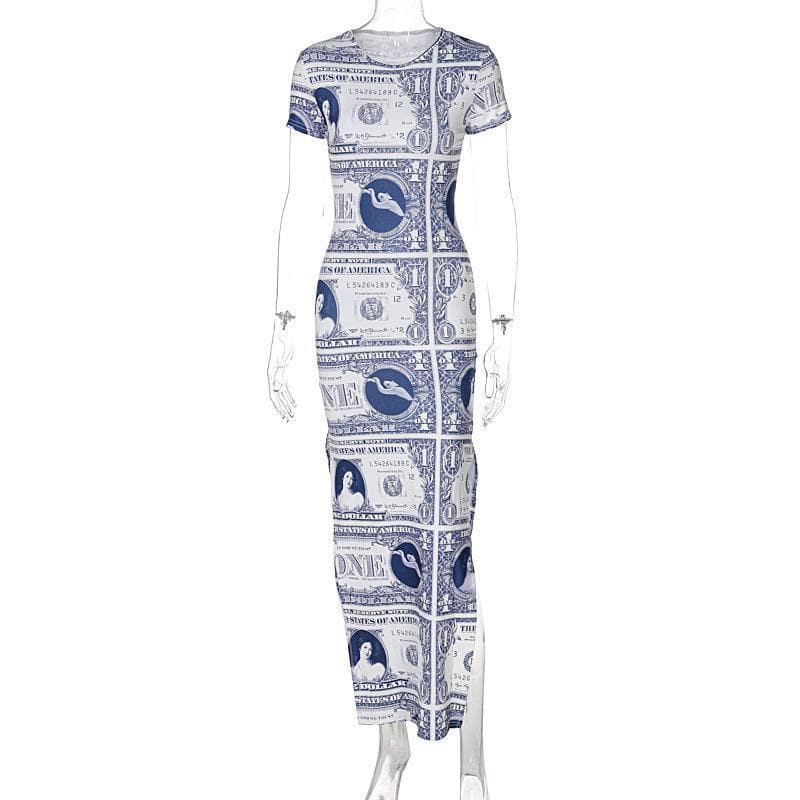 Money Print Crew Neck Short Sleeve Side Slit Bodycon Maxi Dress