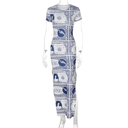 Money Print Crew Neck Short Sleeve Side Slit Bodycon Maxi Dress