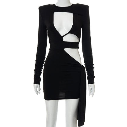 Crew Neck Padded Shoulder Multi Cutout Drape Panel Mini Dress
