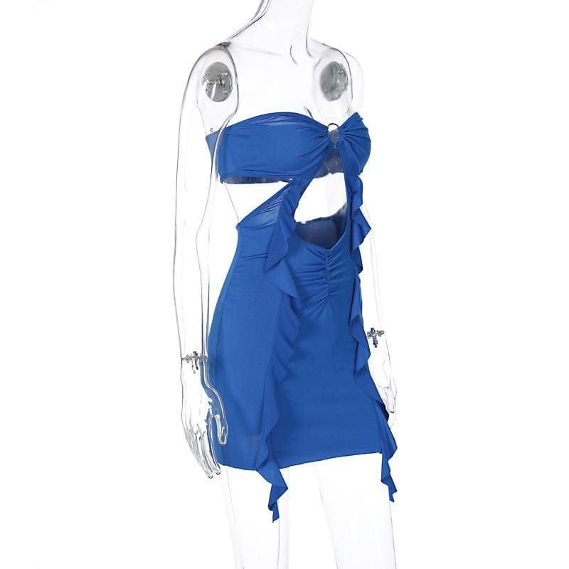 Strapless Bow Front O-Ring Cutout Side Ruffle Bodycon Mini Dress