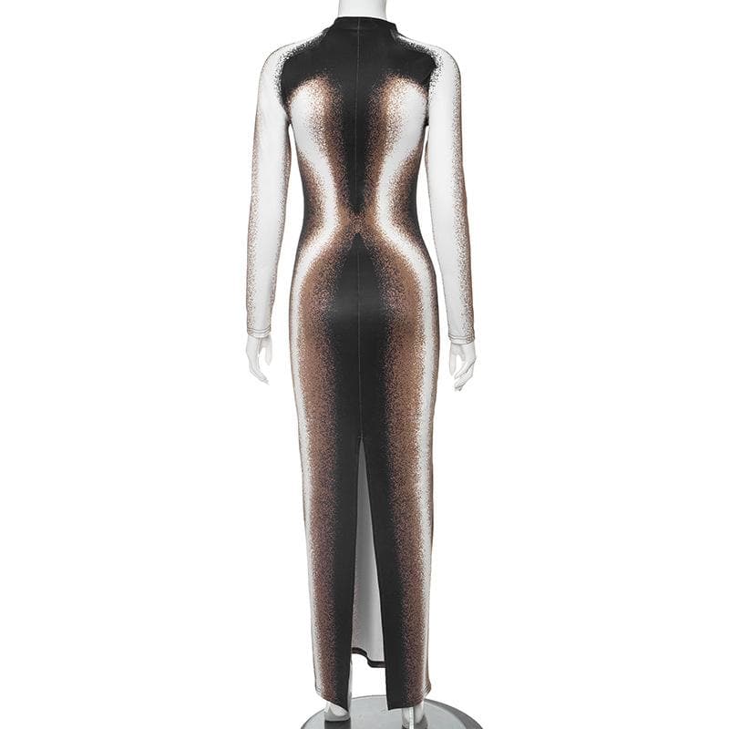 Mock Neck Long Sleeve Abstract Airbrush Print Bodycon Maxi Dress