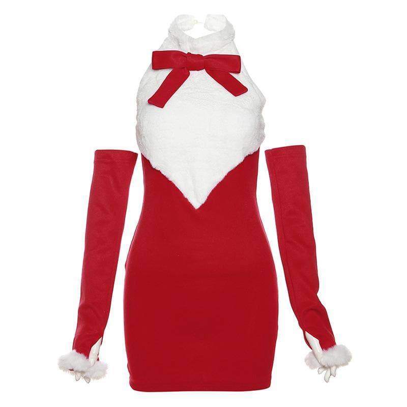 Faux Fur Collar Ribbon Bow Sleeveless Arm Warmer Mini Dress