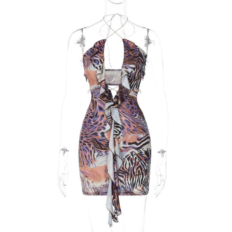 Halter Deep V Neck Ruffle Trim Zebra Marble Print Bodycon Mini Dress