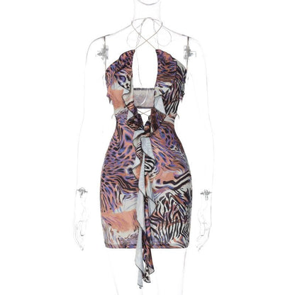Halter Deep V Neck Ruffle Trim Zebra Marble Print Bodycon Mini Dress
