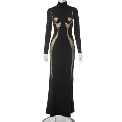 Mock Neck Long Sleeve Body Silhouette Graphic Mermaid Maxi Dress