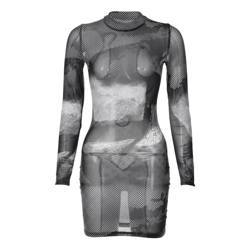 Mock Neck Long Sleeve Halftone Abstract Print Sheer Mesh Bodycon Mini Dress