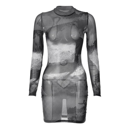 Mock Neck Long Sleeve Halftone Abstract Print Sheer Mesh Bodycon Mini Dress