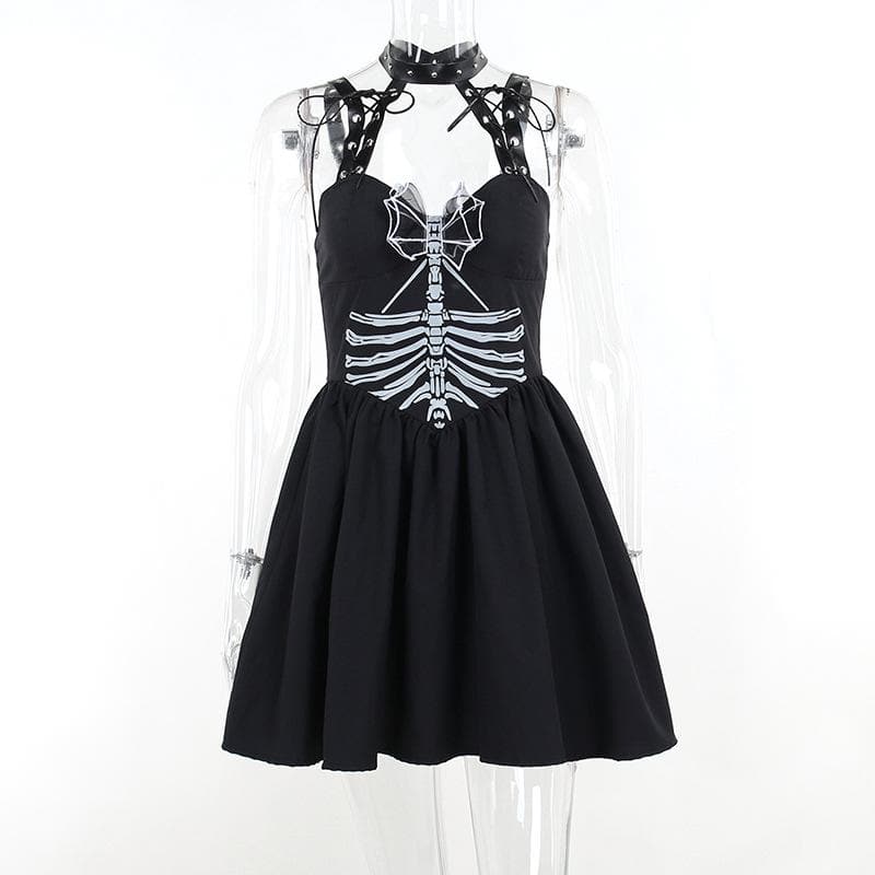 Skeleton Print Studded Choker Halter Grommet Strap Skater Mini Dress