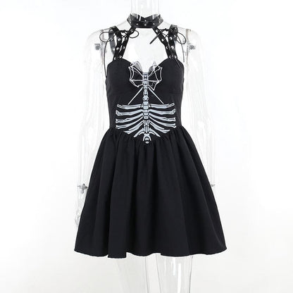 Skeleton Print Studded Choker Halter Grommet Strap Skater Mini Dress