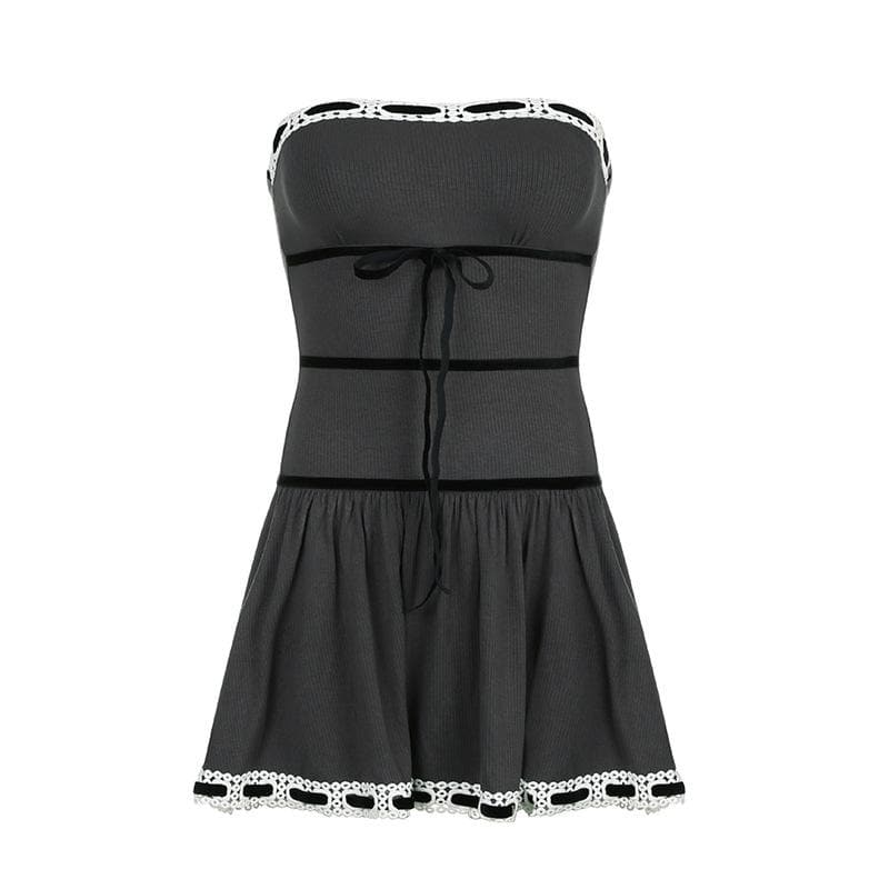 Strapless Velvet Band Bow Eyelet Lace Trim Drop Waist Tube Mini Dress
