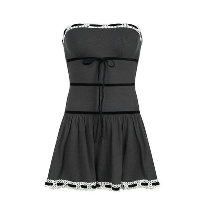 Strapless Velvet Band Bow Eyelet Lace Trim Drop Waist Tube Mini Dress