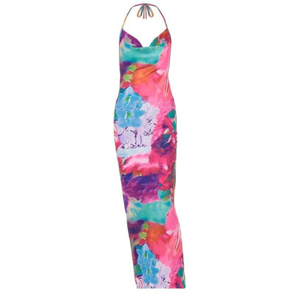 Abstract Floral Print Cowl Neck Halter Backless Ruched Bodycon Maxi Dress