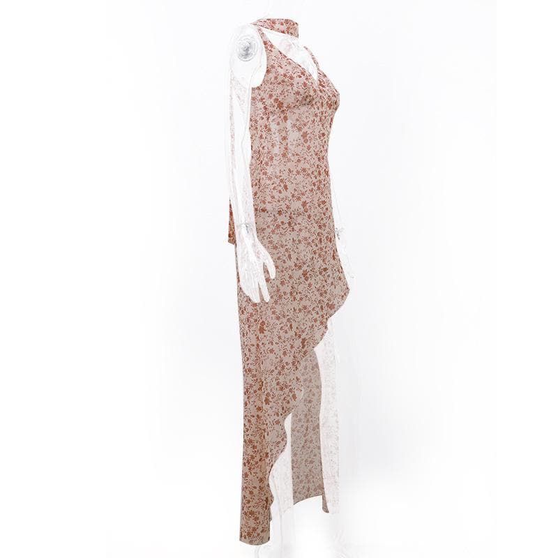 Sweetheart Neck Wide Strap Ditsy Floral Print Side Slit Maxi Dress