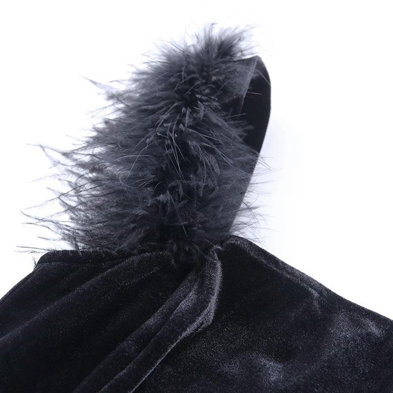 Square Neck Faux Fur Strap Side Slit Velvet Zip Up Midi Dress