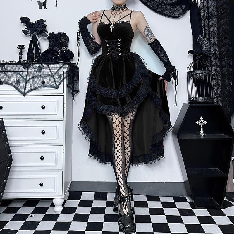 Velvet Lace Up Cross Pendant Tiered High Low Midi Dress
