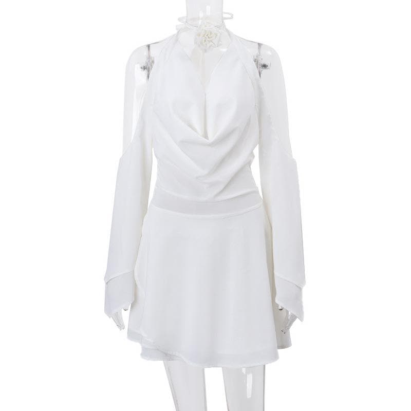 Cowl Neck Halter Cutout Bell Sleeve Zip Front Mini Dress