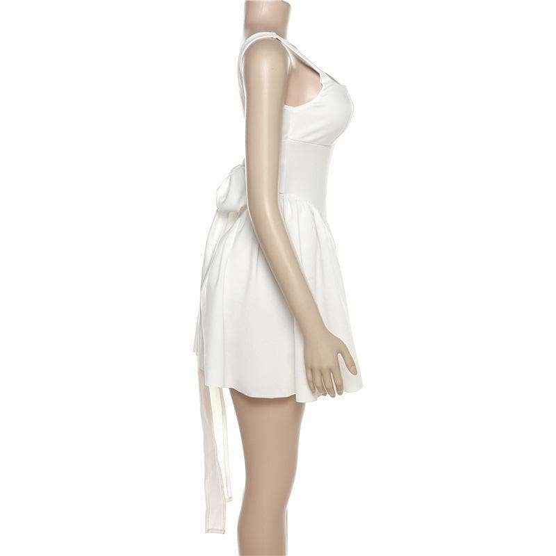 Square Neck Basque Waist Flared Bow Tie Back Mini Dress