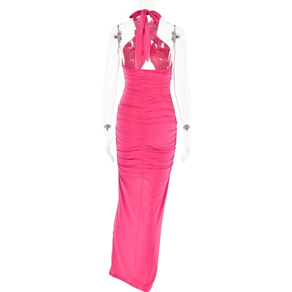 Halter Neck Flower Applique Cutout Cross Front Contrast Ruched Maxi Dress