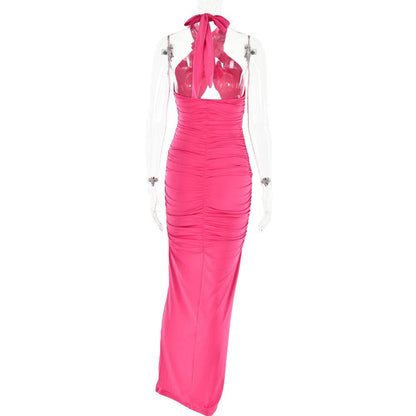 Halter Neck Flower Applique Cutout Cross Front Contrast Ruched Maxi Dress